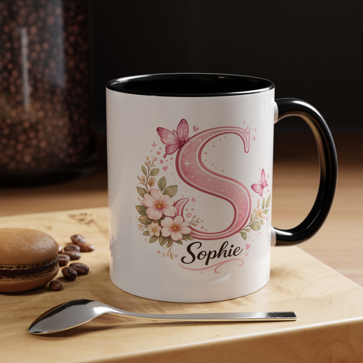 Personalized Butterfly Initial Mug, Custom Name Coffee Mug for Girls and Women, Pink Floral Monogram Cup, Birthday Gift, Custom Letter Mug
