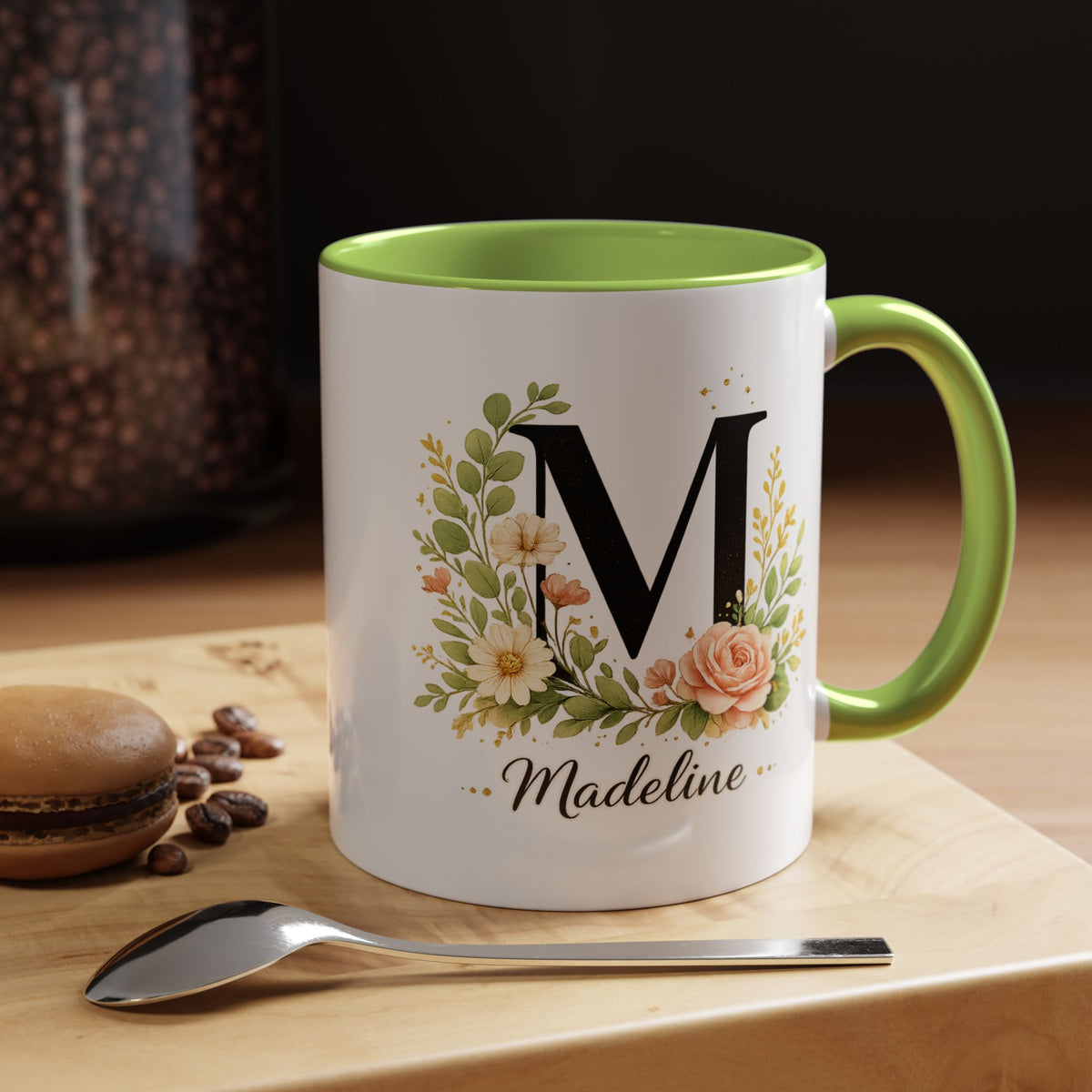 Personalized Floral Monogram Mug, Custom Initial Coffee Mug with Name, Elegant Botanical Gift for Women, Bridesmaid Birthday Gift