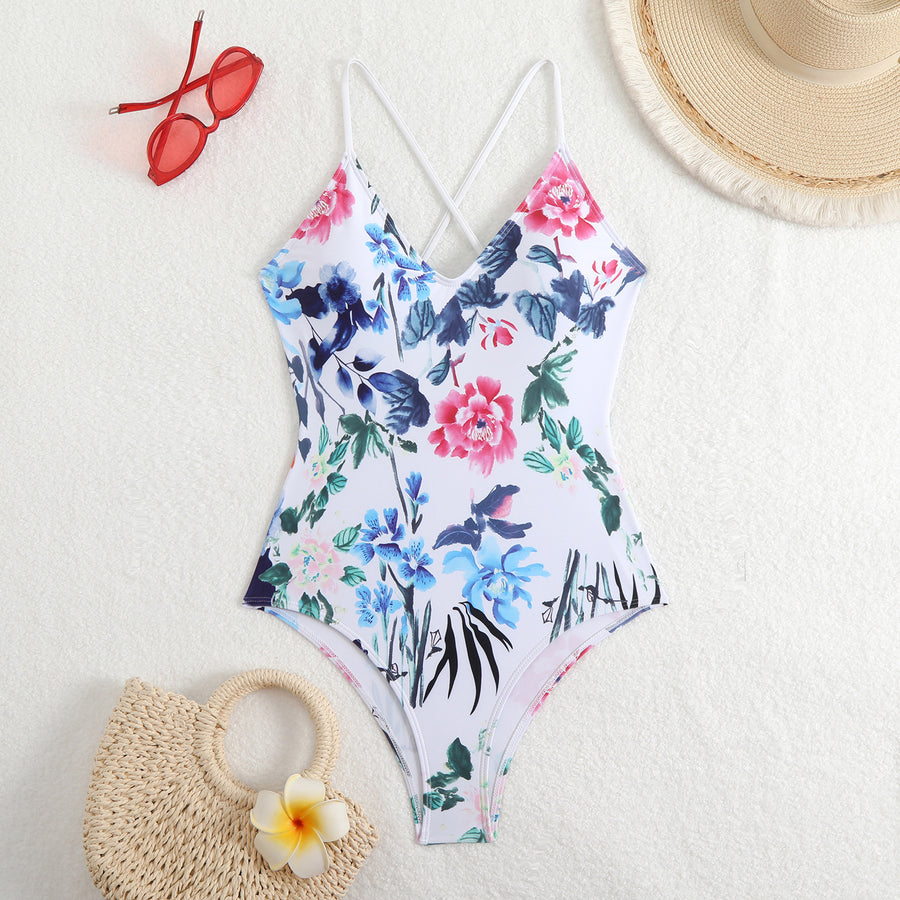 Ladies' one-piece triangle swimsuit with suspender print