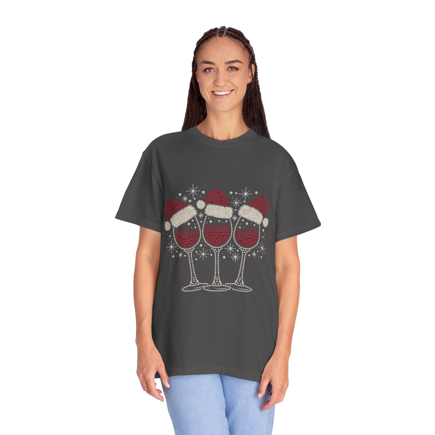 Christmas Wine Glass Shirt, Rhinestone Style Santa Hat T-Shirt, Sparkly Holiday Party Tee, Gift for Wine Lover or Girls Christmas Night