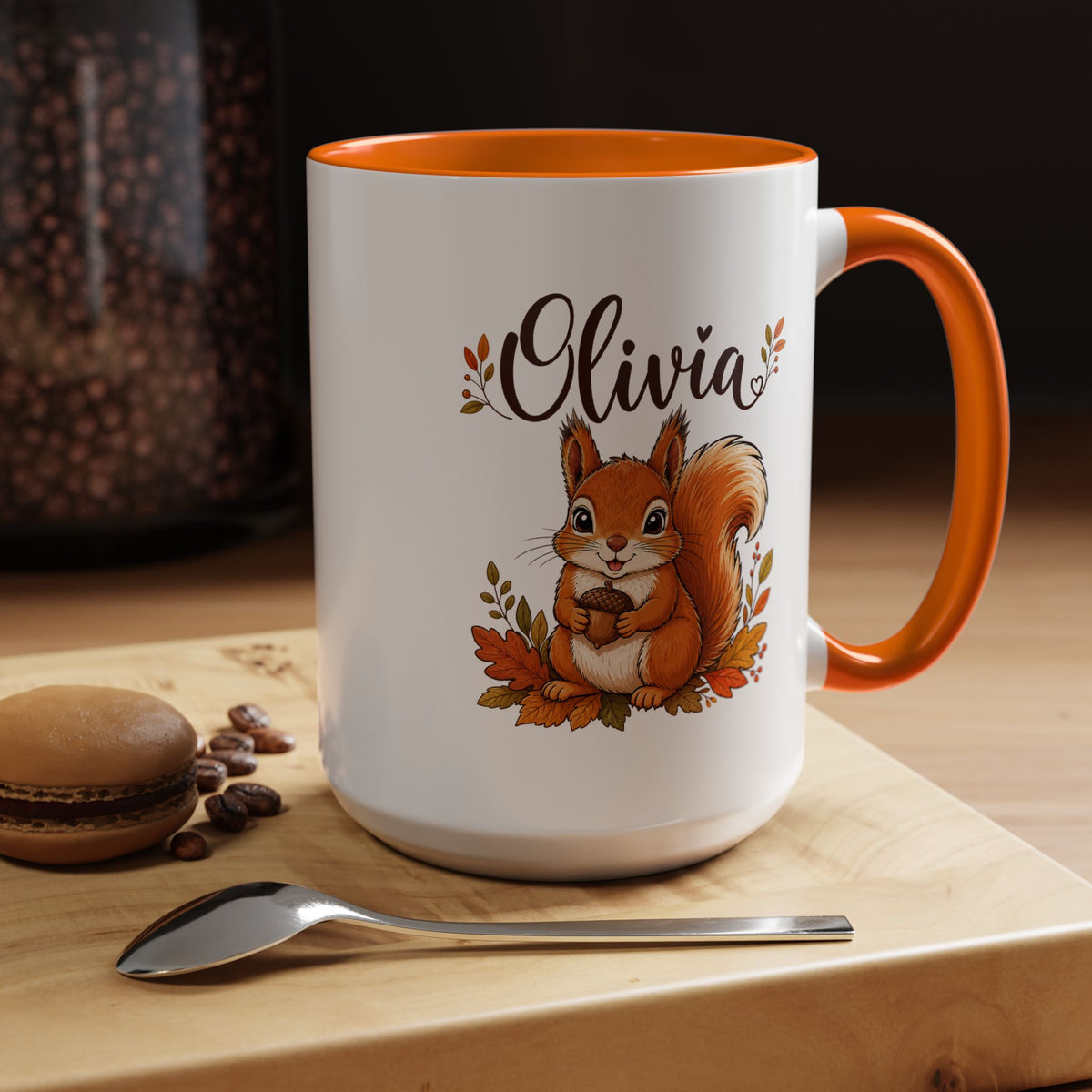 Personalized Squirrel Mug with Name, Autumn Woodland Coffee Cup, Cute Fall Animal Gift for Daughter, Nature Lover Birthday Keepsake
