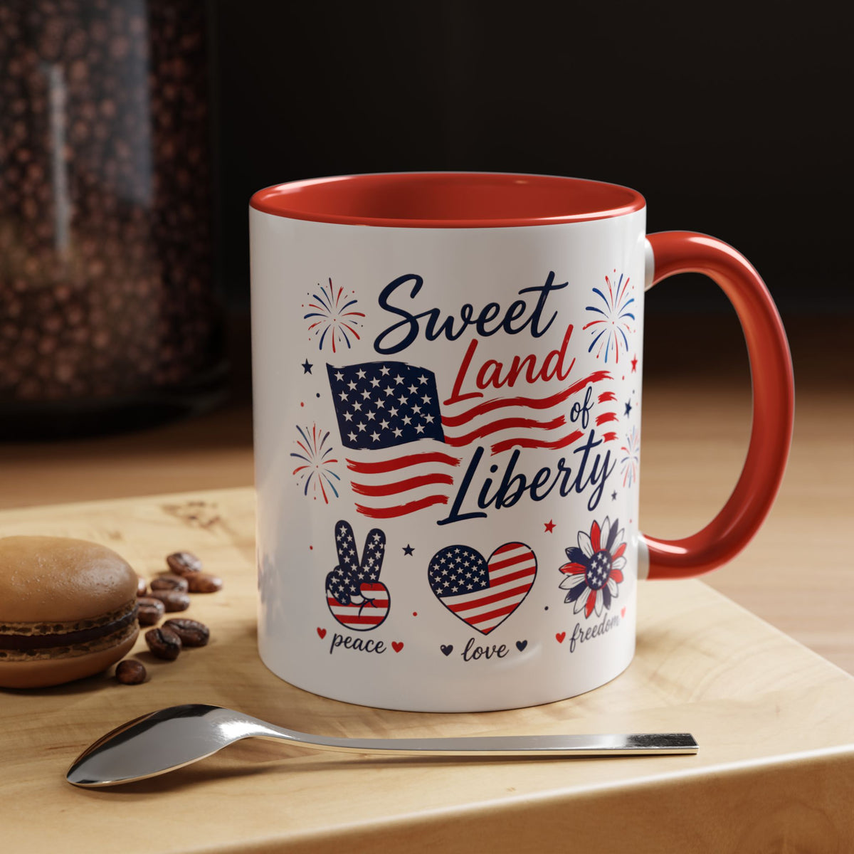 Sweet Land of Liberty Coffee Mug, Patriotic Fourth of July Mug, American Flag Heart Freedom Cup, USA Pride Gift for Women