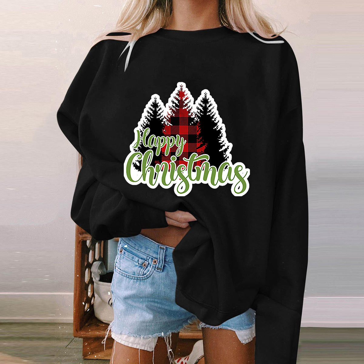 Black and red checkered Christmas tree print for ladies