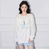 Elephant Embroidery Lightweight Sun Protection Long Sleeve T-Shirt Women Loose Round Neck Top