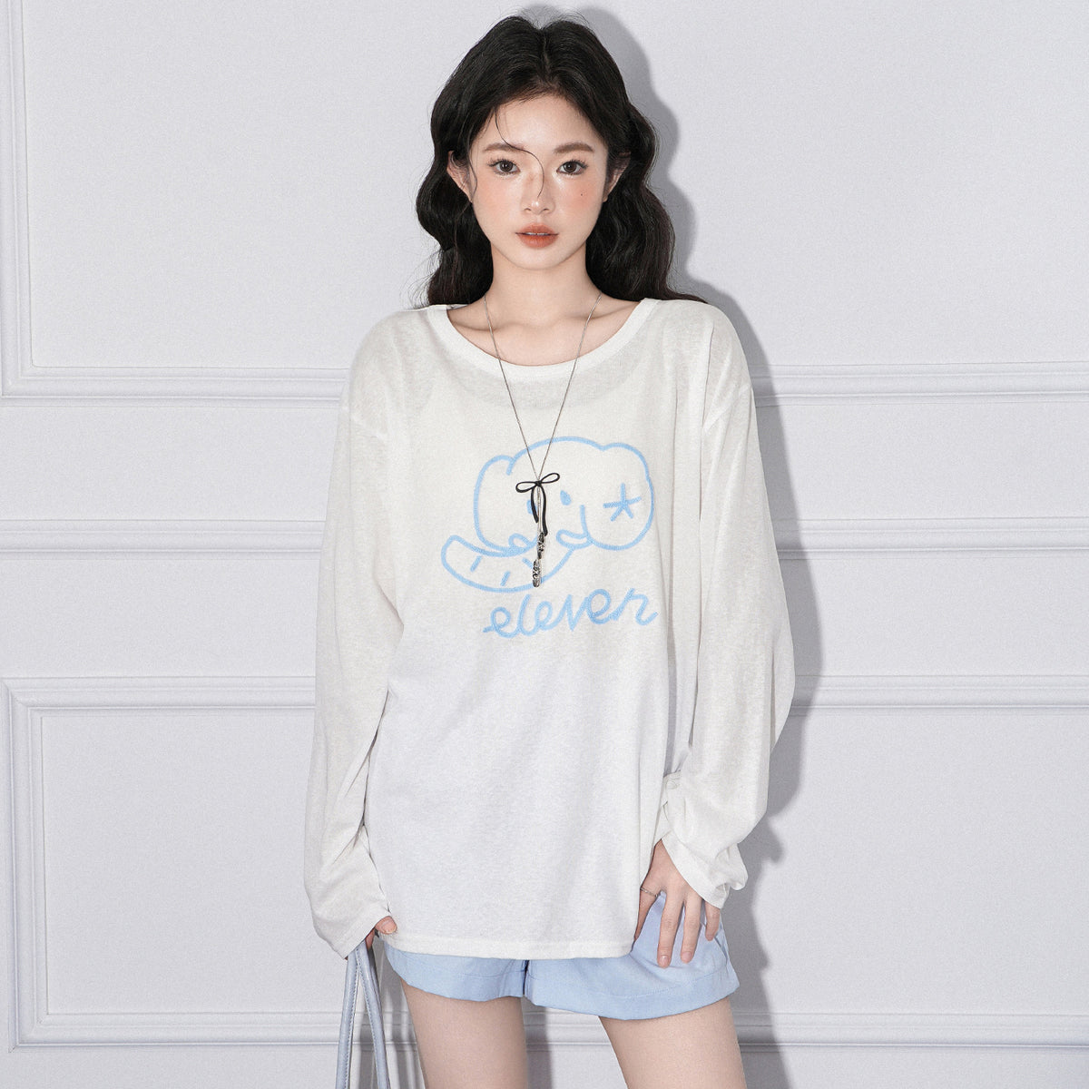 Elephant Embroidery Lightweight Sun Protection Long Sleeve T-Shirt Women Loose Round Neck Top