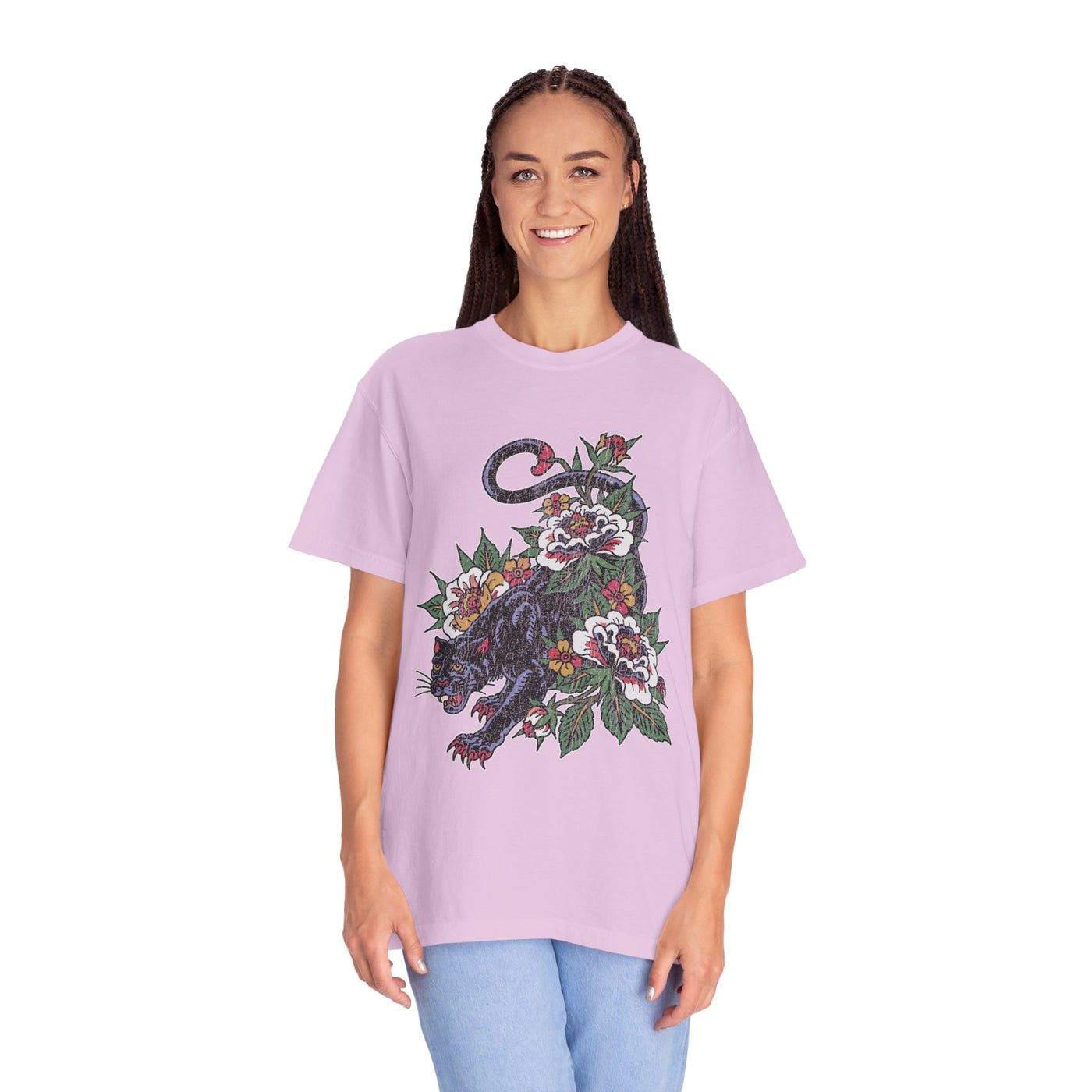 Traditional Panther Graphic Shirt, Floral Tattoo T-Shirt for Men and Women, Old School Big Cat Tee, Alternative Art Gift for Tattoo Fans