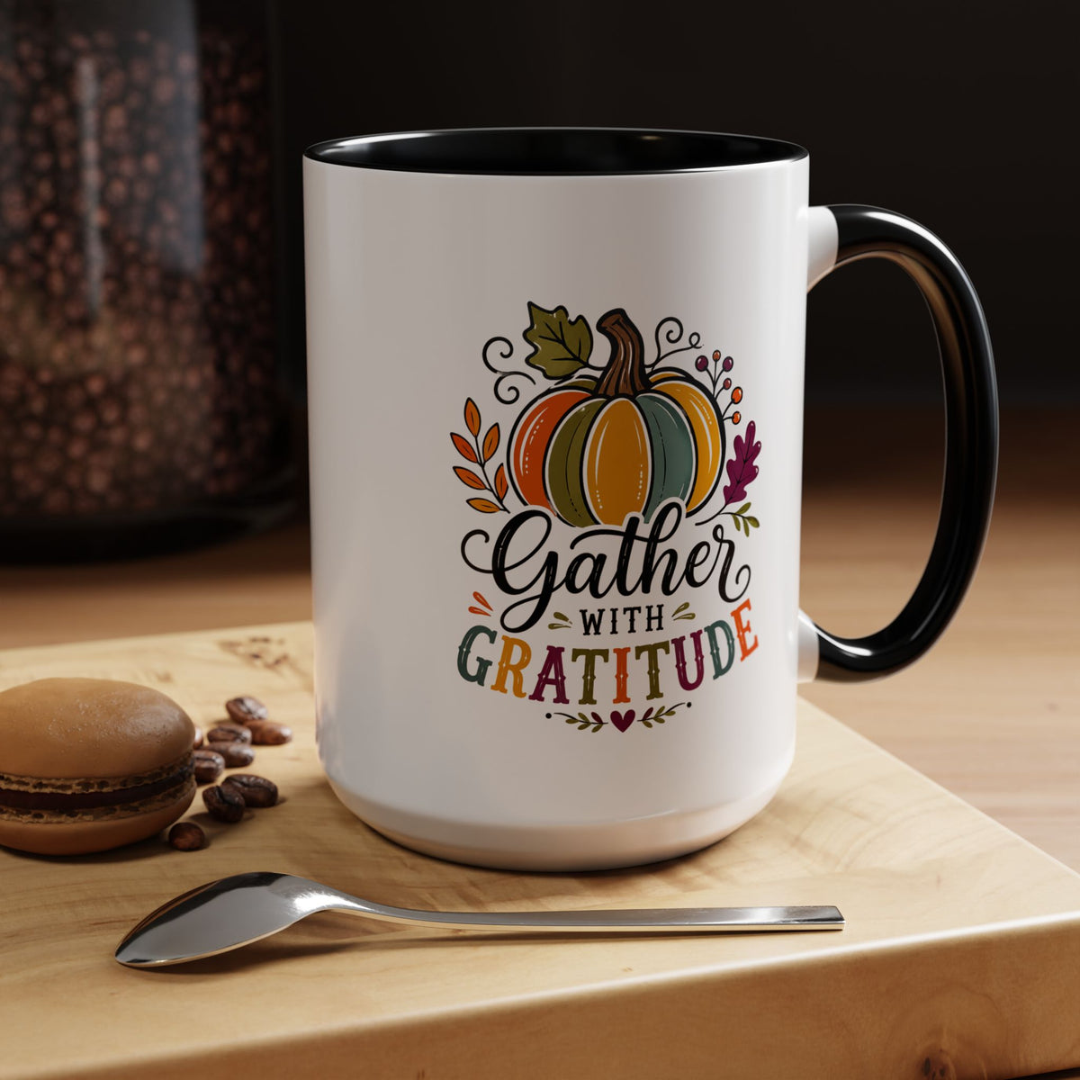 Gather With Gratitude Mug, Colorful Pumpkin Thanksgiving Coffee Cup, Cozy Fall Hostess Gift, Autumn Kitchen and Harvest Decor