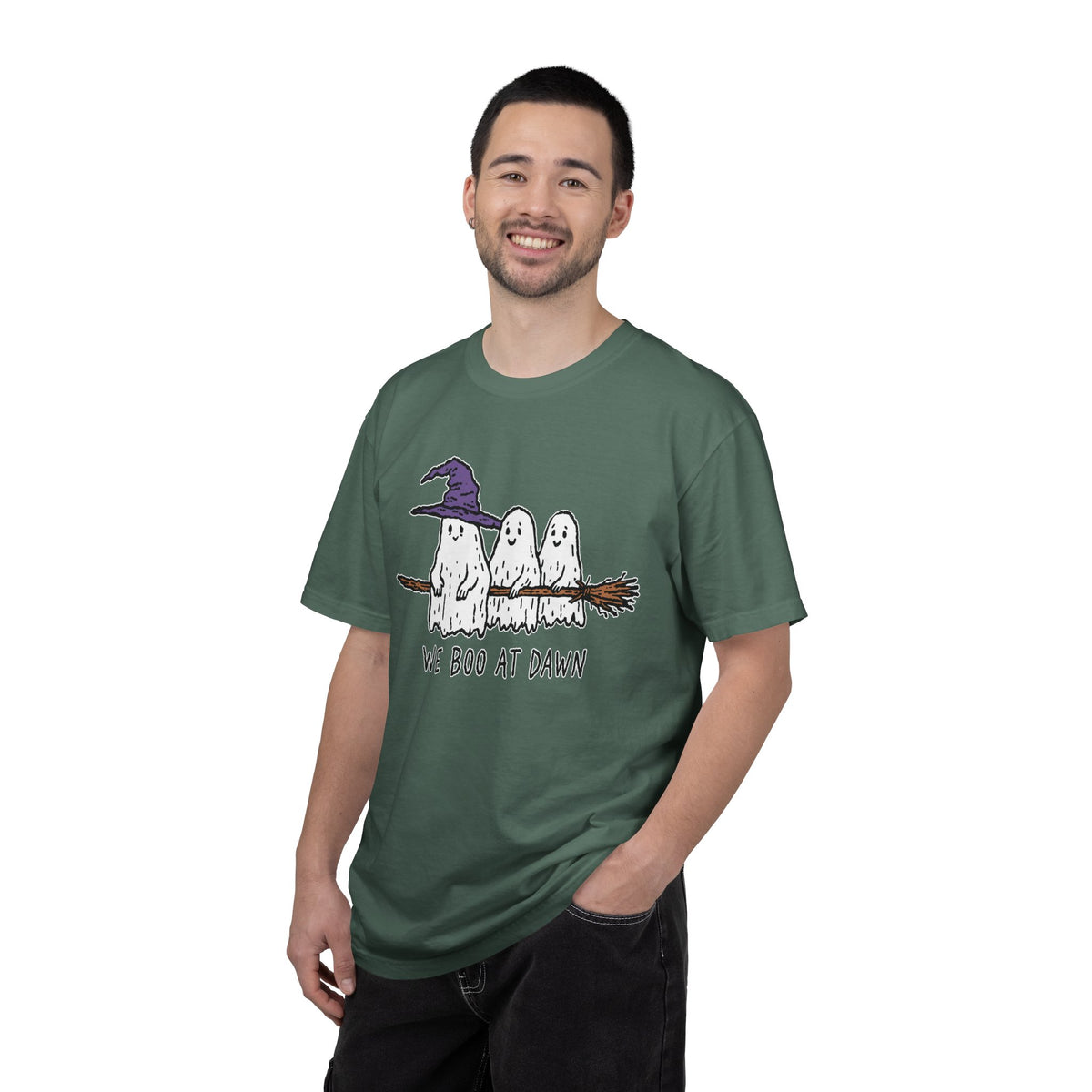 We Boo at Dawn Ghost Shirt, Funny Halloween Witch Broom Graphic Tee, Cute Spooky Season Gift for Friends and Ghost Lovers, October Outfit