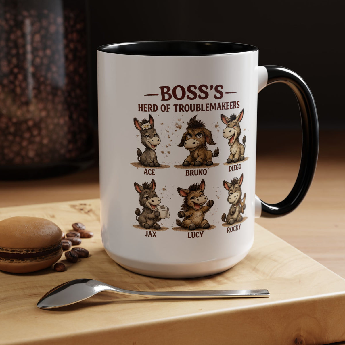 Boss's Guide to Troubleshooting Coffee Mug, Funny Office Joke Gift for Coworkers, Sarcastic Donkey Jackass Ceramic Tea Cup with Dark Blue Handle