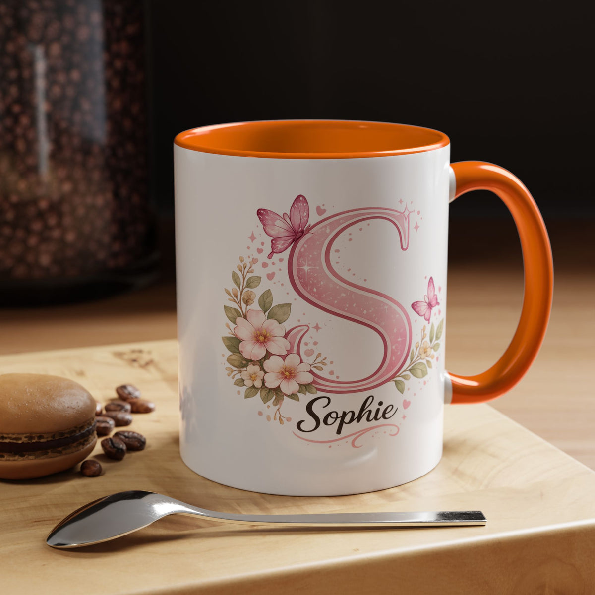 Personalized Butterfly Initial Mug, Custom Name Coffee Mug for Girls and Women, Pink Floral Monogram Cup, Birthday Gift, Custom Letter Mug