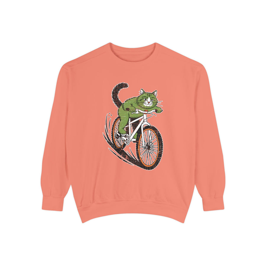 Mountain Bike Cat Sweatshirt, Funny Cycling Kitty Crewneck, Cat Lover Gift, Outdoor Adventure Graphic Cozy Biker Pullover Shirt Top