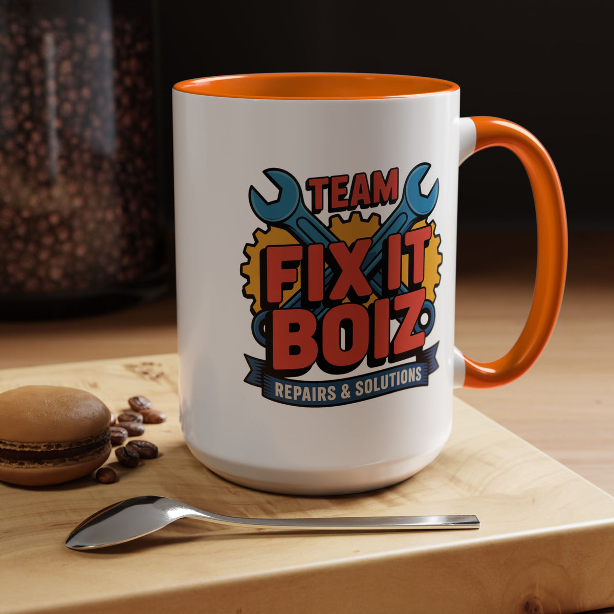 Mechanic Coffee Mug, Team Fix It Boiz Wrench and Gear Design, Handyman Gift for Dad or a Repair Crew Coworker, Workshop Coffee Break Cup