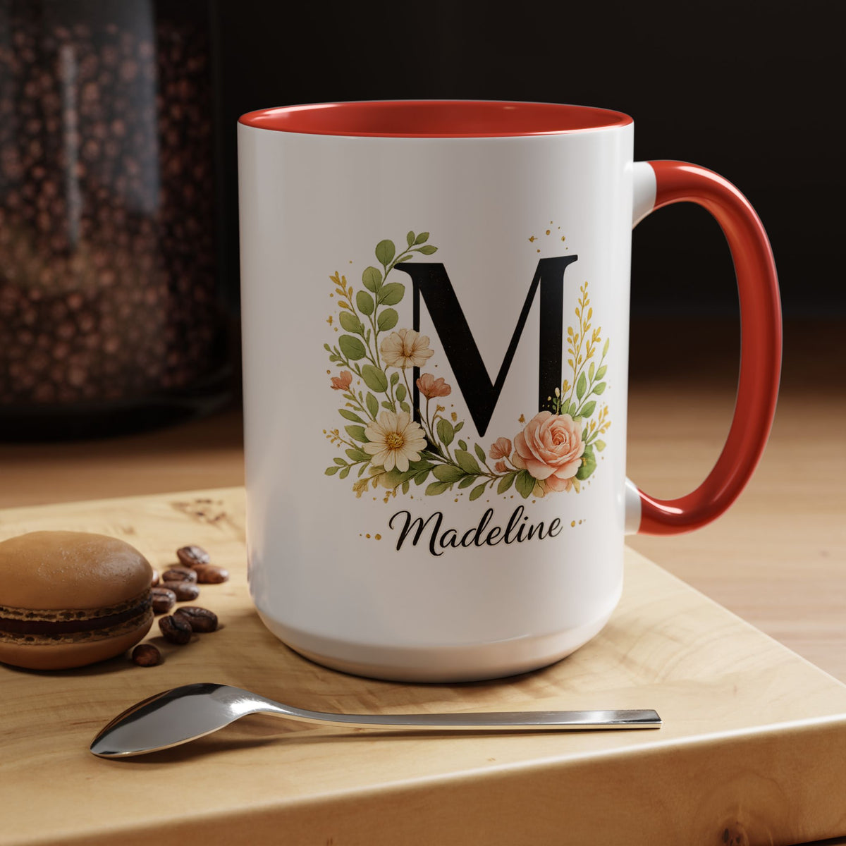 Personalized Floral Monogram Mug, Custom Initial Coffee Mug with Name, Elegant Botanical Gift for Women, Bridesmaid Birthday Gift