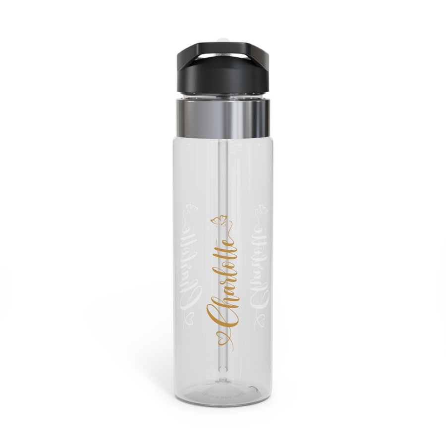 A clear water bottle with a black flip-top lid, stainless band and straw, printed with the sample name "Charlotte" in vertical gold script with two small gold butterflies.