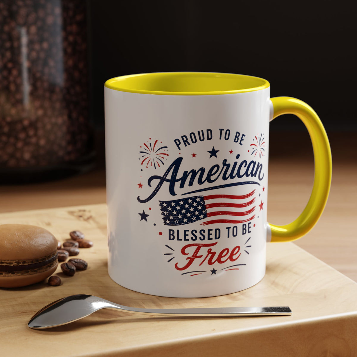 Proud to Be American Coffee Mug with US Flag, Patriotic 4th of July Gift for Veterans, Blessed to Be Free Red White and Blue Tea Cup