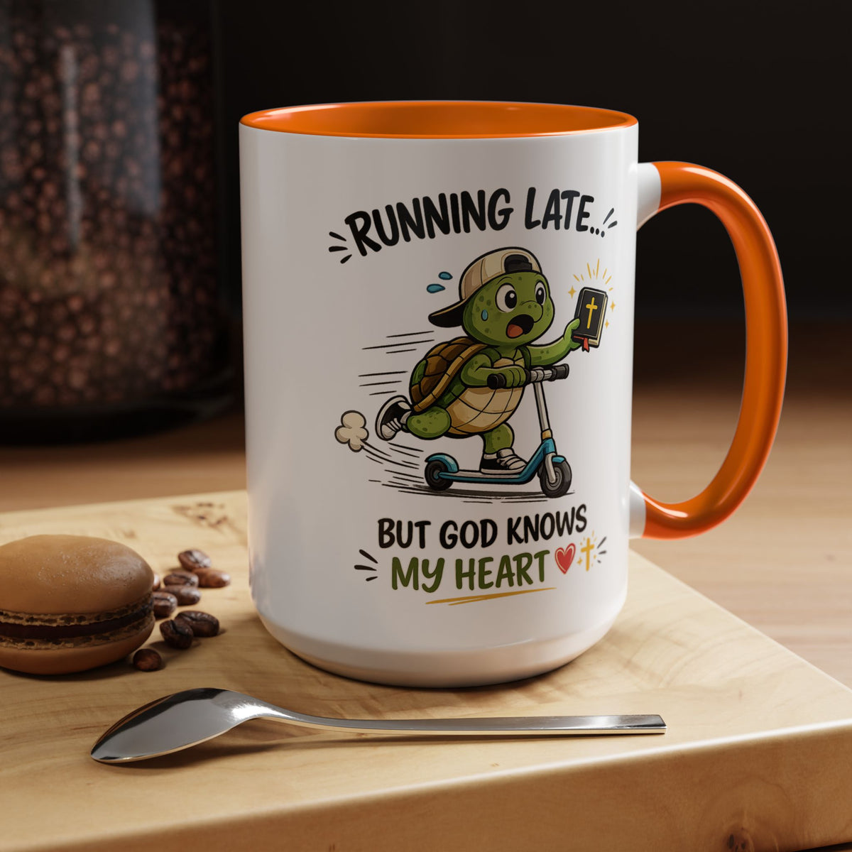 Christian Turtle Coffee Mug, Running Late But God Knows My Heart Mug, Funny Faith Based Mug, Christian Gift for Friends, Bible Lover Cup