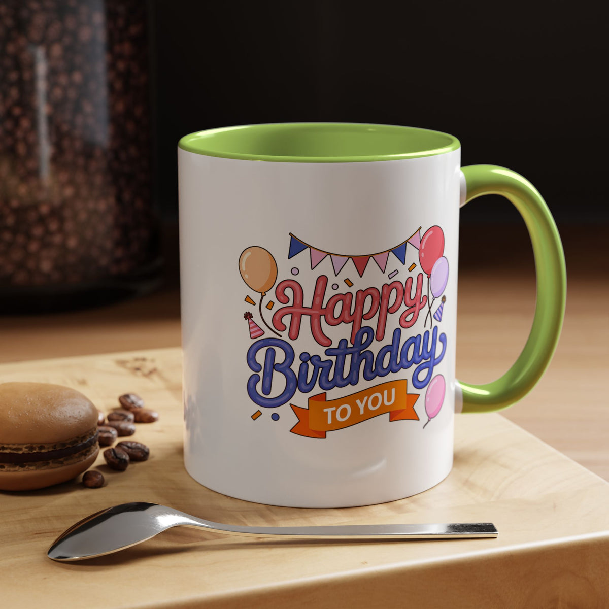 Happy Birthday to You Coffee Mug, Pink and Blue Balloons with Party Bunting, Cheerful Gift for a Sister or Best Friend's Daily Coffee Break