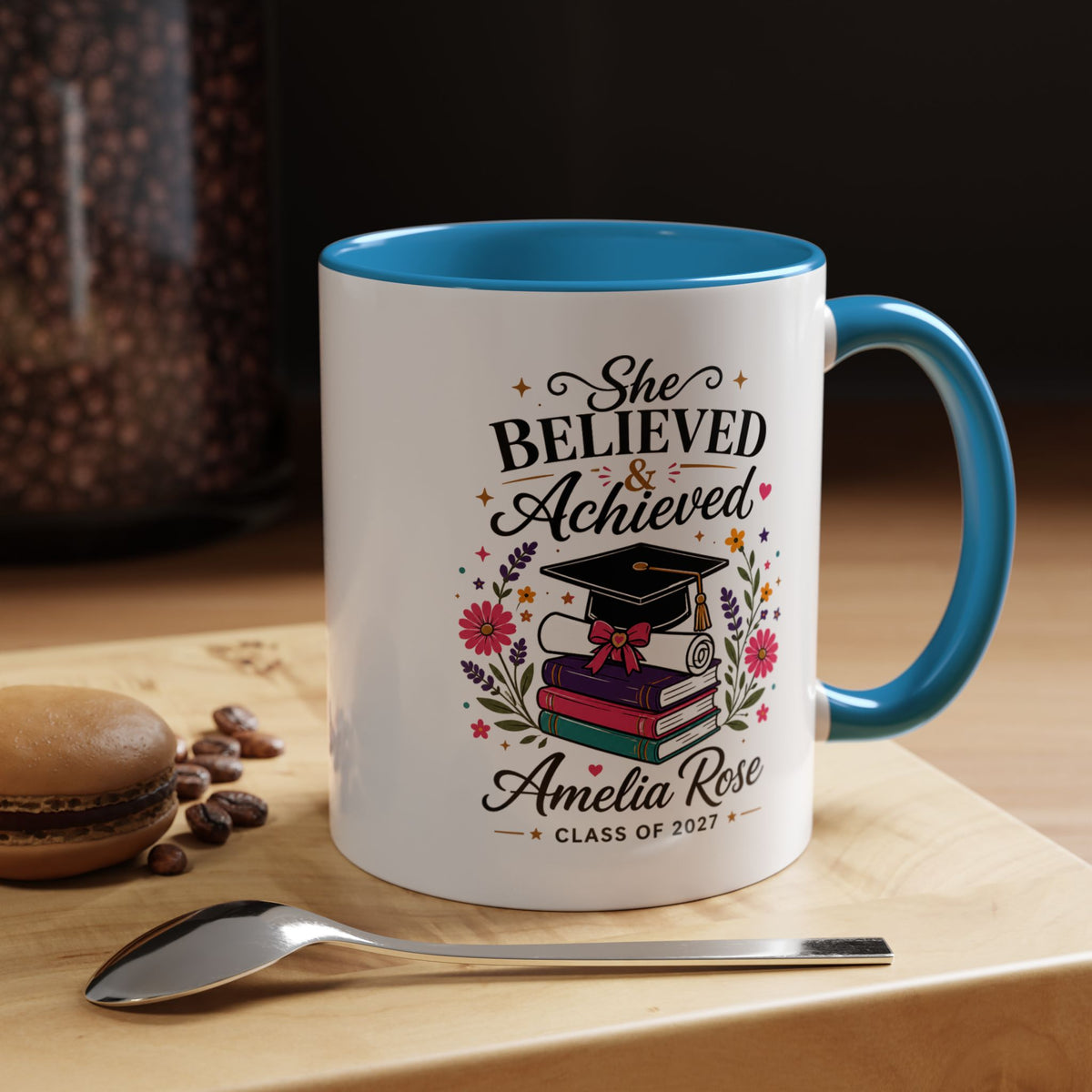 Personalized Graduation Mug for Her, She Believed and Achieved Coffee Cup, Custom Name Class of 2027 Gift, Floral Graduation Keepsake
