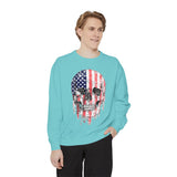 American Flag Skull Sweatshirt, Distressed Patriotic Graphic for Biker Outfits, Fourth of July Style, Birthday Gift for Skull Art Lovers
