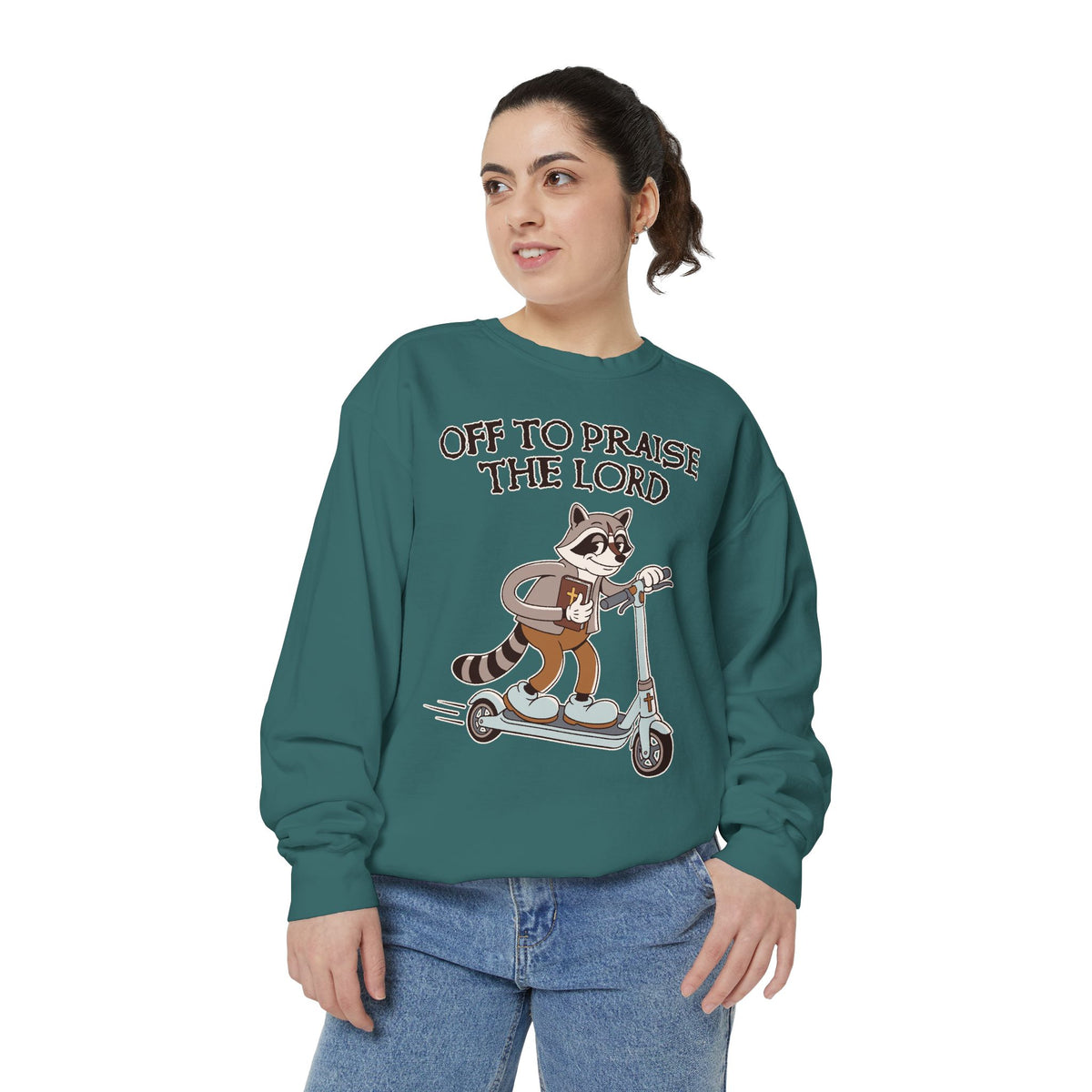 Christian Raccoon Comfort Colors Sweatshirt, Off to Praise the Lord Crewneck, Cute Faith Based Graphic Sweatshirt for Women