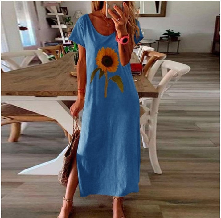 Sunflower Plant Style Ladies Print Side Slit Dress