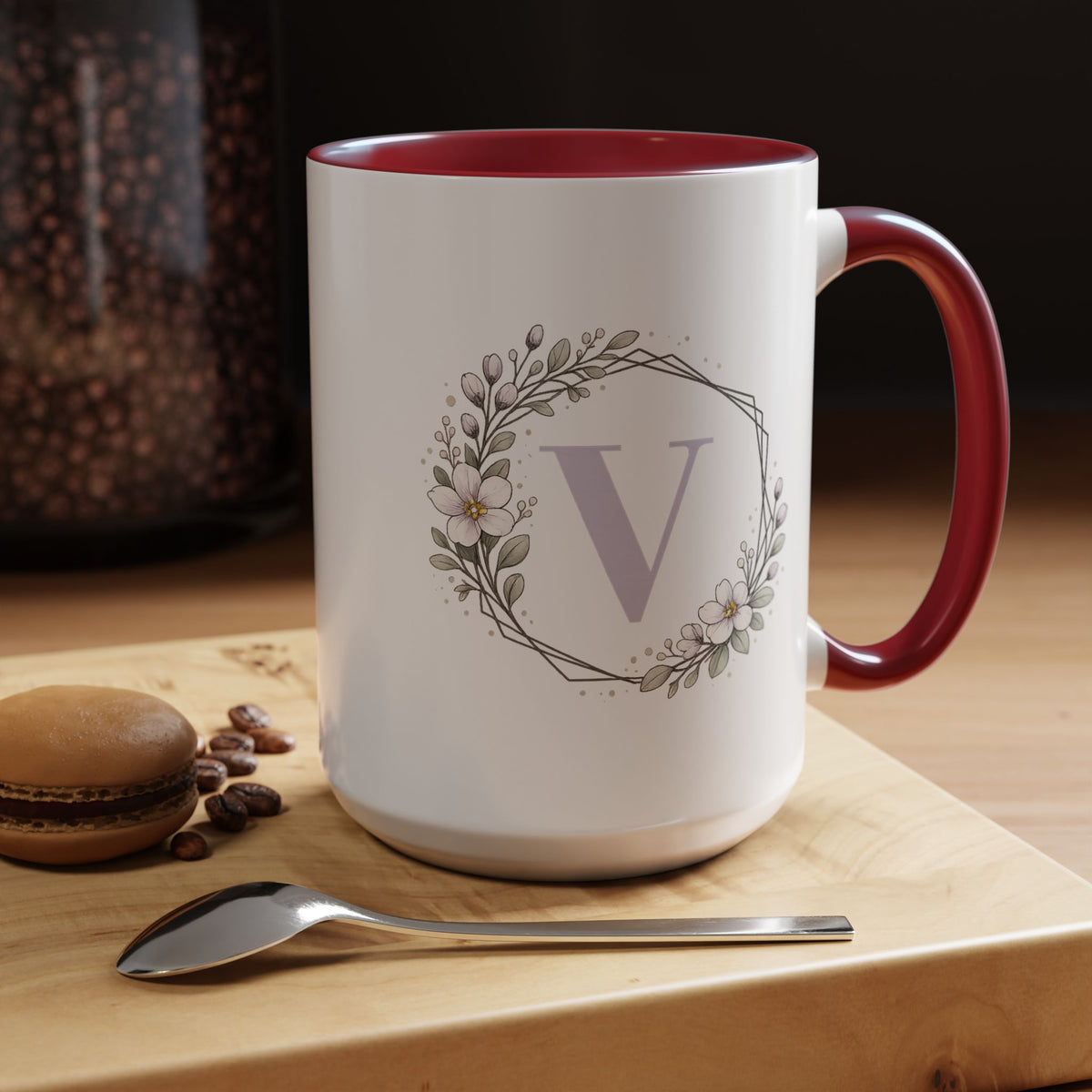 Letter V Monogram Mug, Floral Initial Coffee Mug for Women, Botanical Alphabet Cup, Minimalist Monogram Gift, Personalized Letter Mug