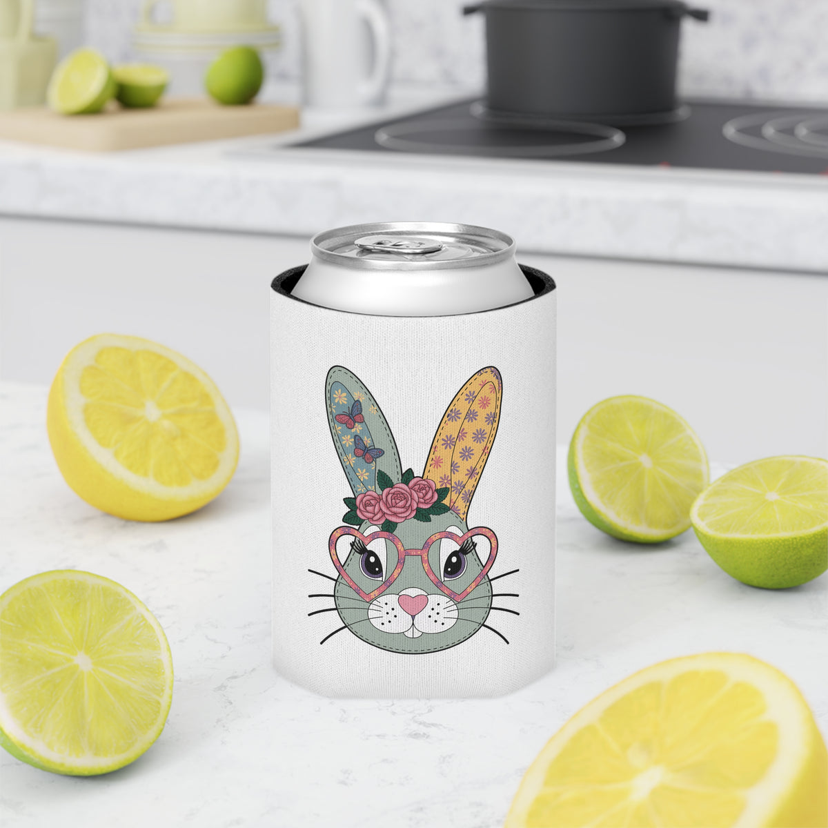 Bunny Can Cooler, Floral Rabbit Drink Sleeve, Cute Easter Gift for Her, Butterfly and Flower Design, Spring Gift for Bunny Lovers