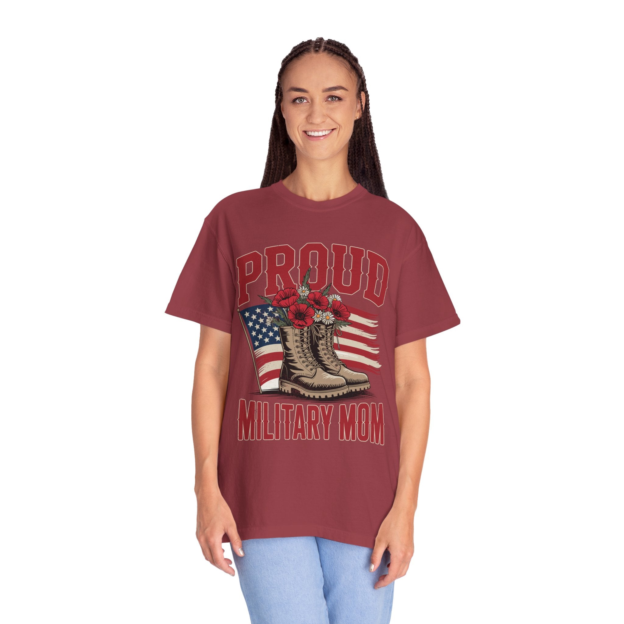 Proud Military Mom Shirt, Patriotic Army Mom T Shirt, Boots and Flowers Graphic Tee, American Flag Family Support Gift