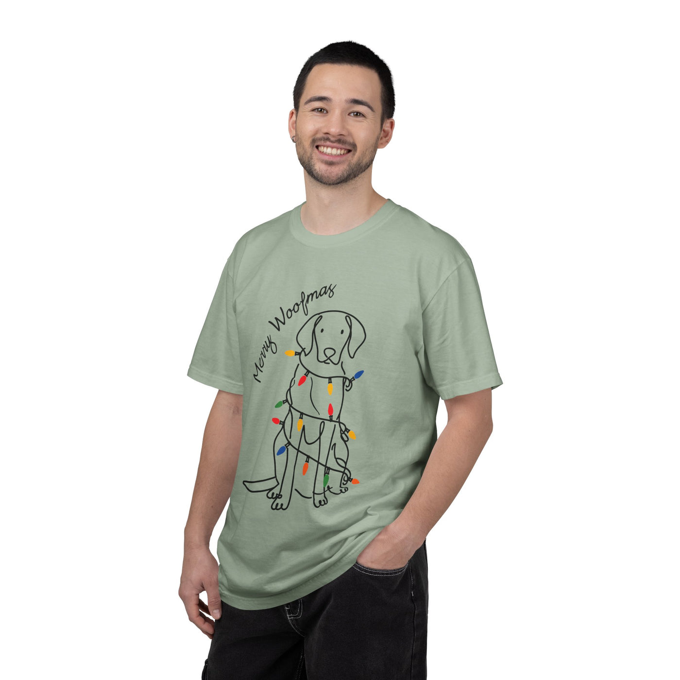 Merry Woofmas Dog Shirt, Funny Christmas Puppy T-Shirt, Holiday Lights Pet Lover Tee, Cute Gift for Dog Mom, Dog Dad or Family Party