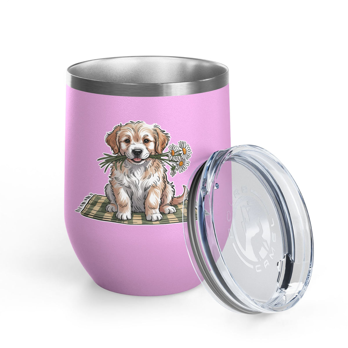 Golden Puppy Wine Tumbler, Cute Dog and Flower Cup, Gift for Dog Moms, Puppy Lovers, Pet Parents and Animal Lovers