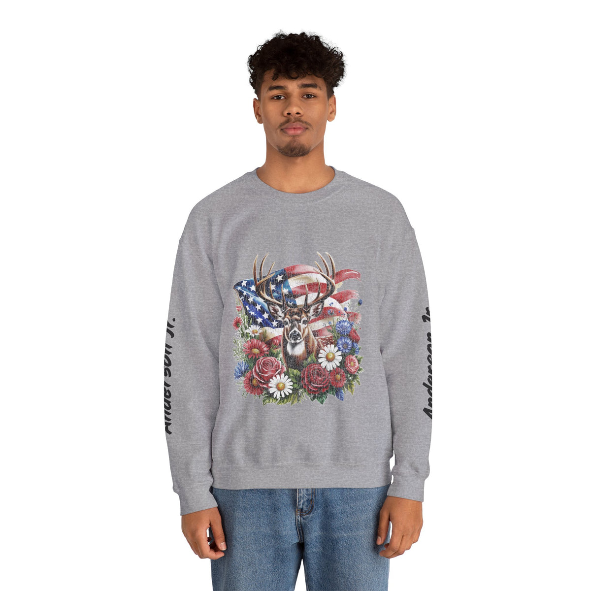 Personalized Hunting Family Sweatshirt, Custom Deer Patriotic Pullover, American Flag Floral Crewneck, Family Gift, Outdoorsman Shirt