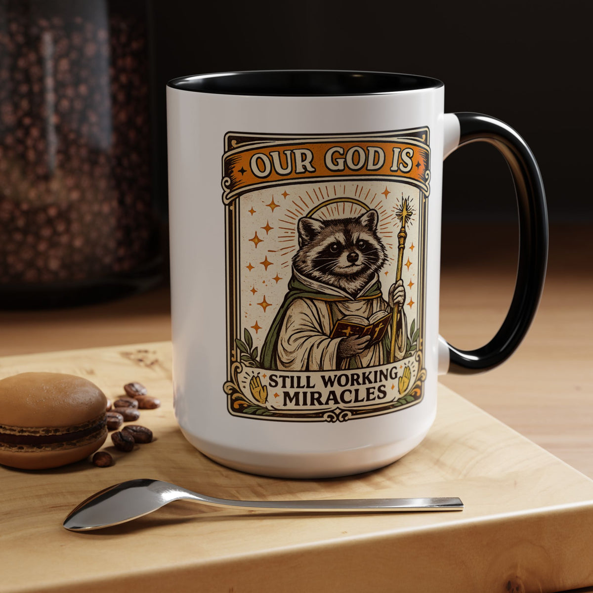 Our God Is Still Working Miracles Coffee Mug, Funny Raccoon Christian Gift for Friends, Cute Religious Parody Trash Panda Ceramic Tea Cup with Black Handle