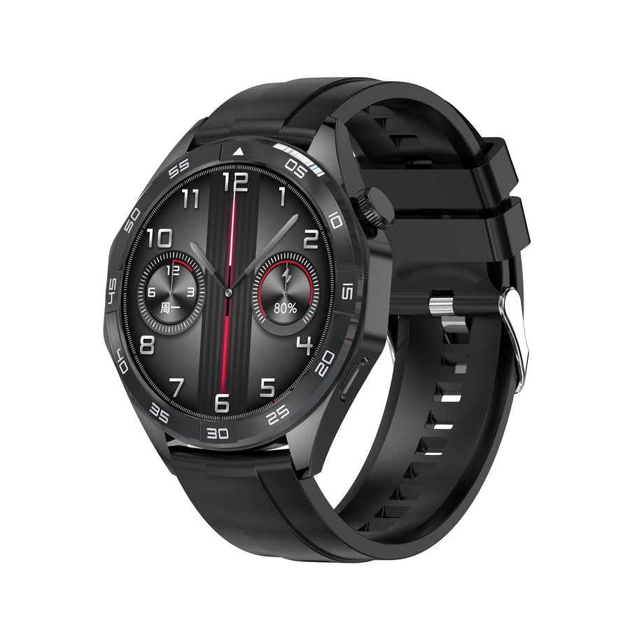 Black square smart watch showing large numeral time display, black leather strap