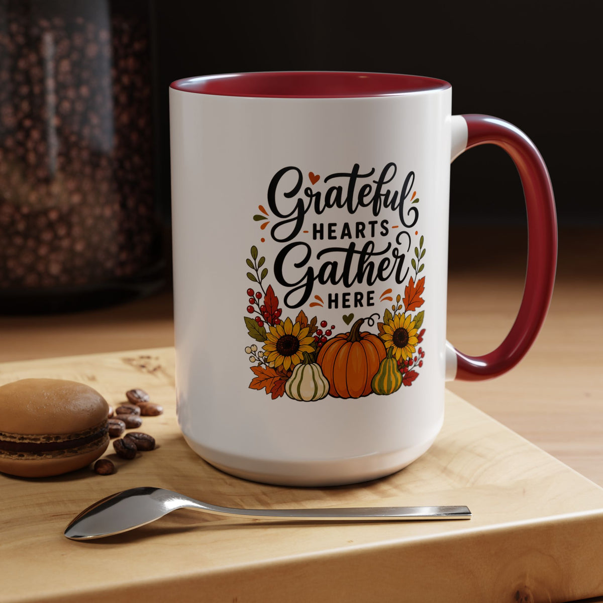 Grateful Hearts Gather Here Mug, Thanksgiving Pumpkin Coffee Cup, Rustic Fall Hostess Gift, Sunflower Harvest Kitchen Decor