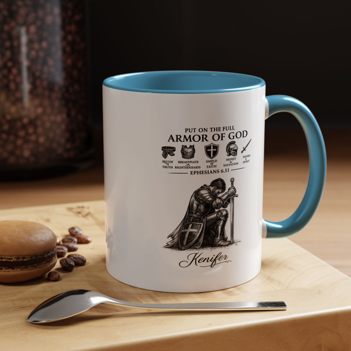 Full Armor of God Coffee Mug with Name, Personalized Christian Knight Gift for Men, Inspirational Scripture Ceramic Tea Cup, Religious Faith Present