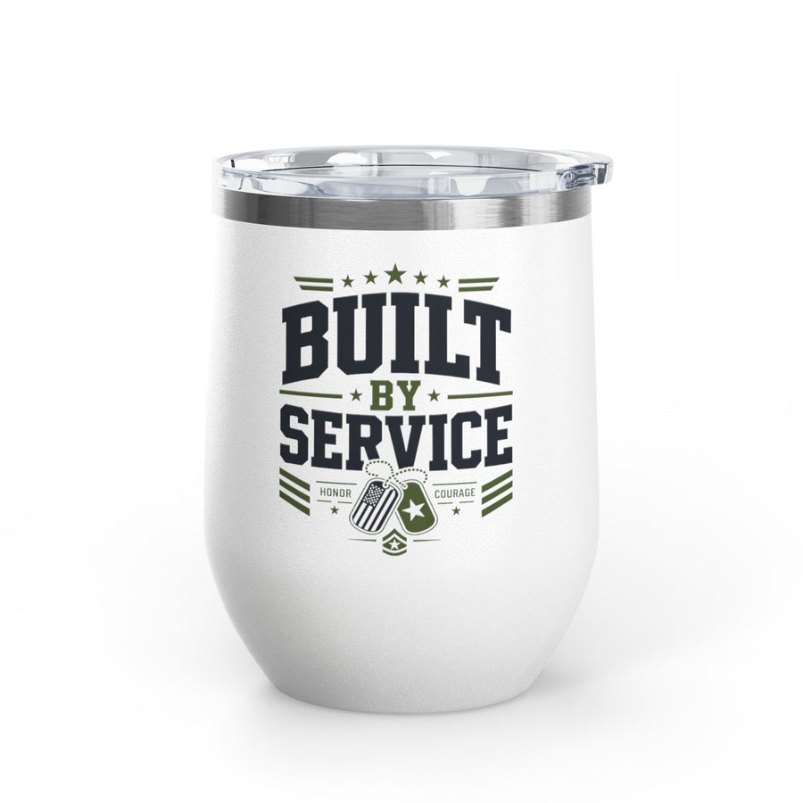 A white stainless steel stemless wine tumbler with a clear push-on lid, printed with "BUILT BY SERVICE" in black and olive lettering with stars, two dog tags and the words Honor and Courage.