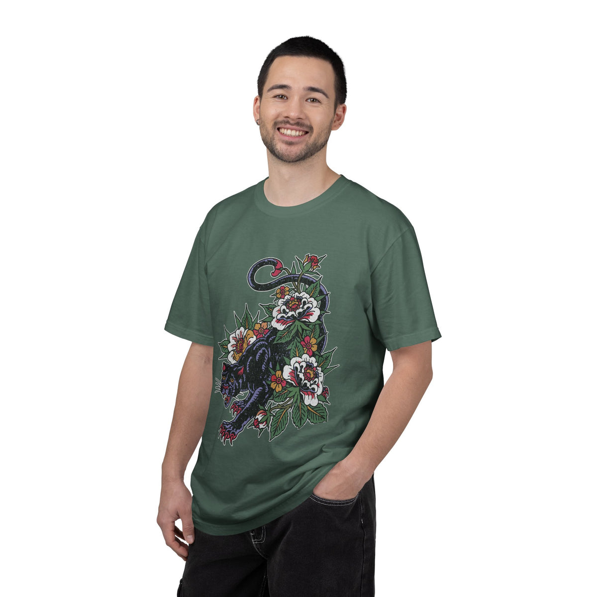 Traditional Panther Graphic Shirt, Floral Tattoo T-Shirt for Men and Women, Old School Big Cat Tee, Alternative Art Gift for Tattoo Fans