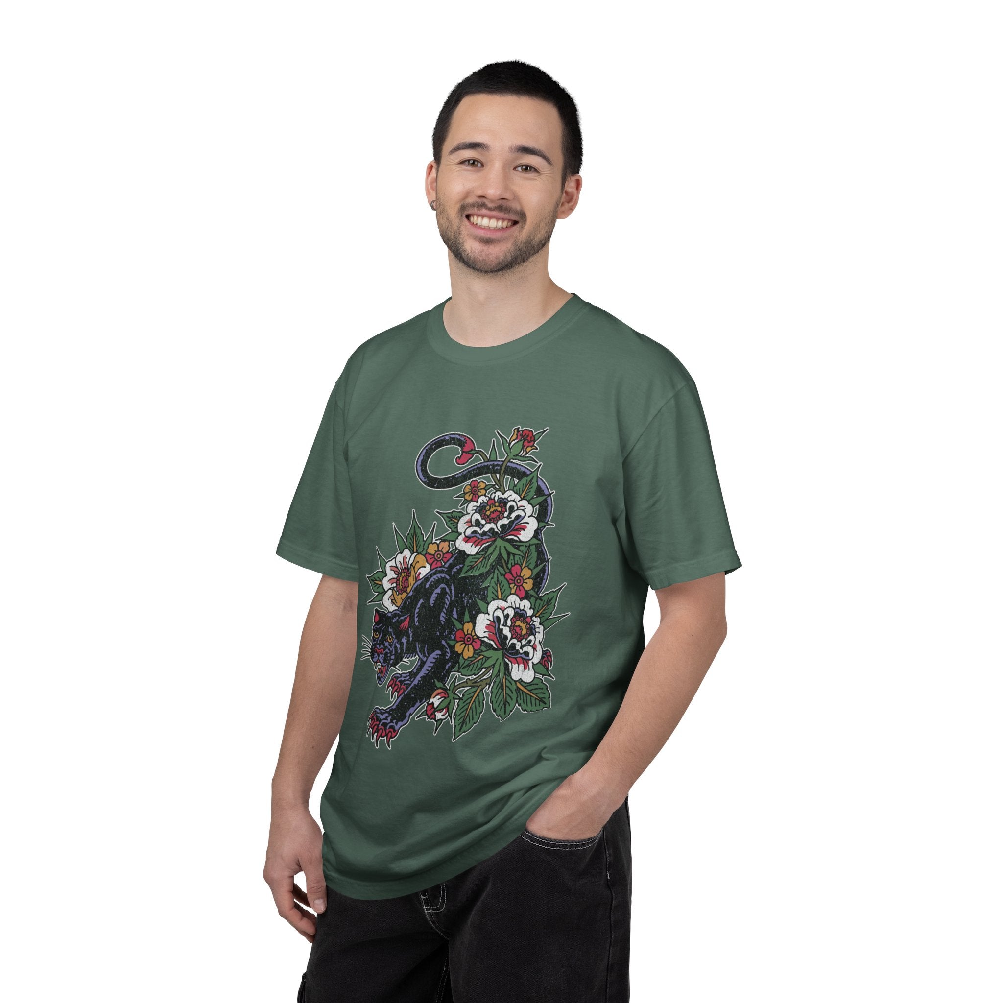Traditional Panther Graphic Shirt, Floral Tattoo T-Shirt for Men and Women, Old School Big Cat Tee, Alternative Art Gift for Tattoo Fans