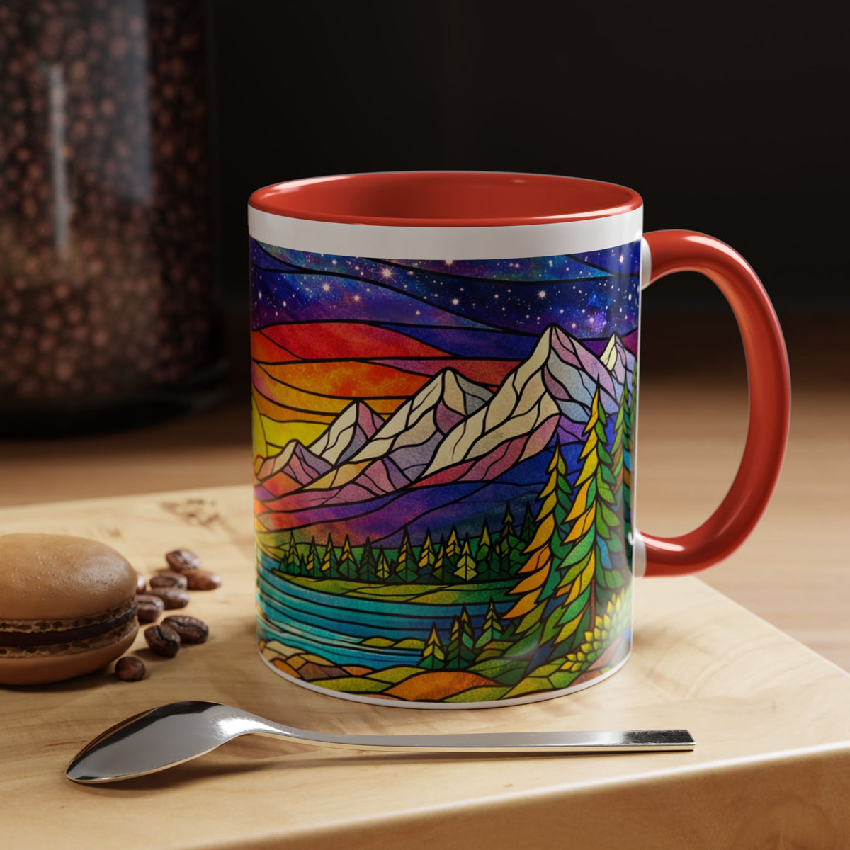 Colorful Sunset Landscape Mug, Stained Glass Nature Coffee Mug, Mountain Lake Art Mug, Outdoor Lover Gift, Scenic Ceramic Cup