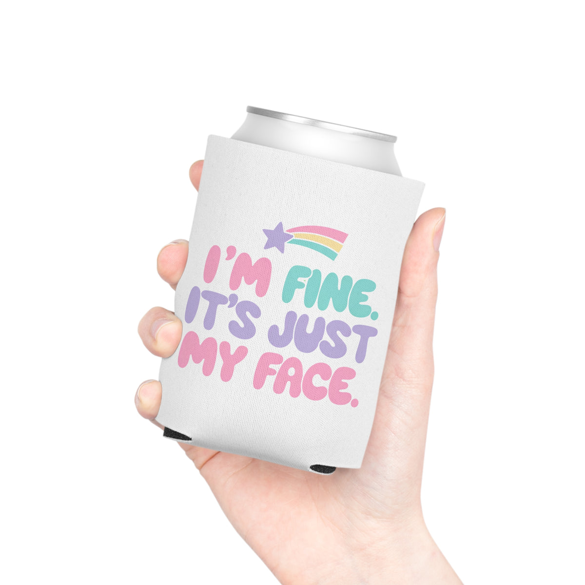Funny Sarcastic Can Cooler, I'm Fine It's Just My Face Pastel Quote, Sassy Drink Holder, Birthday Gift for a Best Friend or Office Coworker