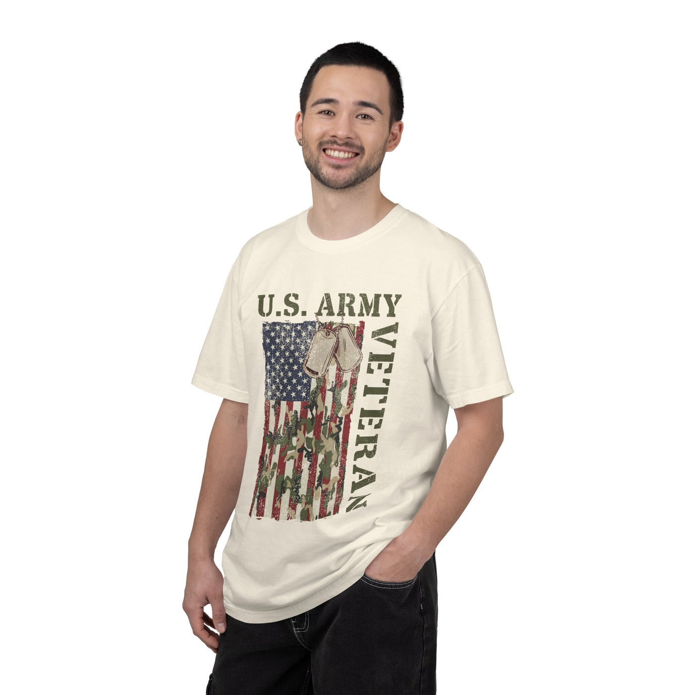 US Army Veteran Shirt, American Flag Camo T-Shirt, Military Dog Tag Tee, Patriotic Gift for Soldier, Retirement or Veterans Day Top