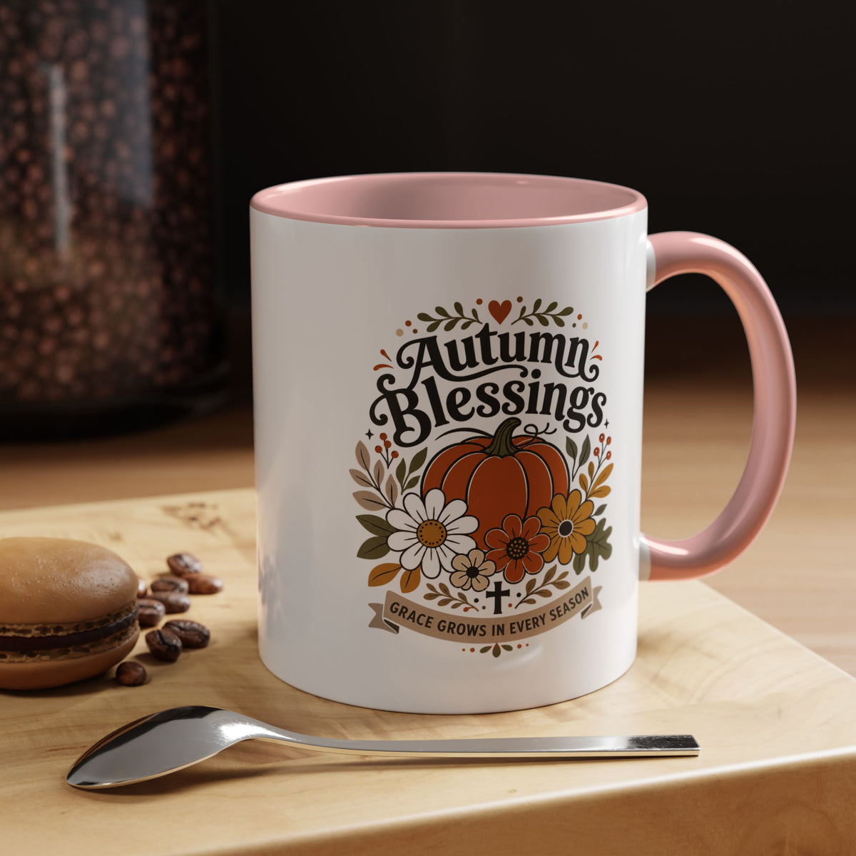 Autumn Blessings Christian Mug, Grace Grows in Every Season Coffee Cup, Faith Based Fall Gift, Floral Pumpkin Thanksgiving Decor
