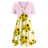 Ladies Short Sleeve Cross Print Dress Suit Sunflower Dress