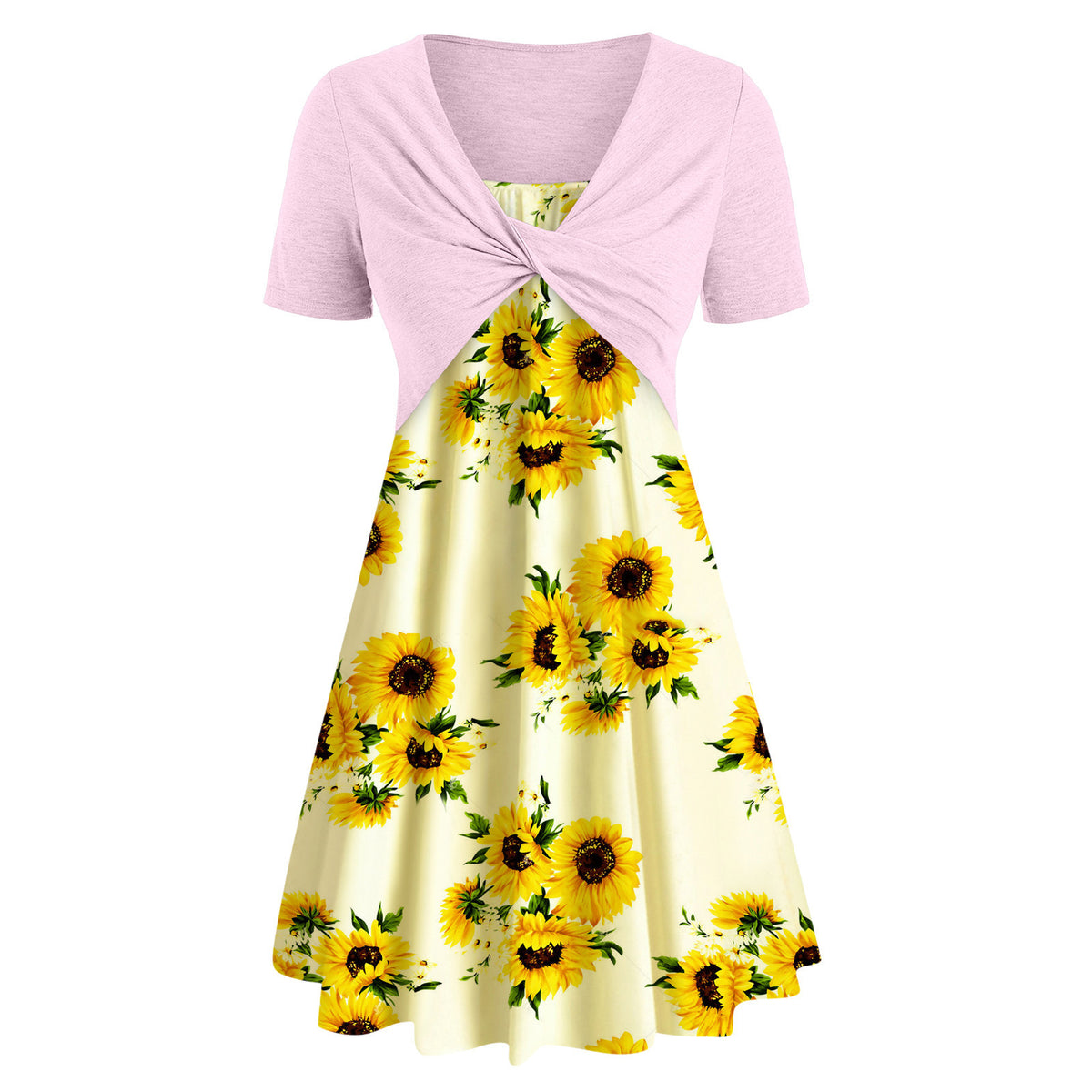 Ladies Short Sleeve Cross Print Dress Suit Sunflower Dress