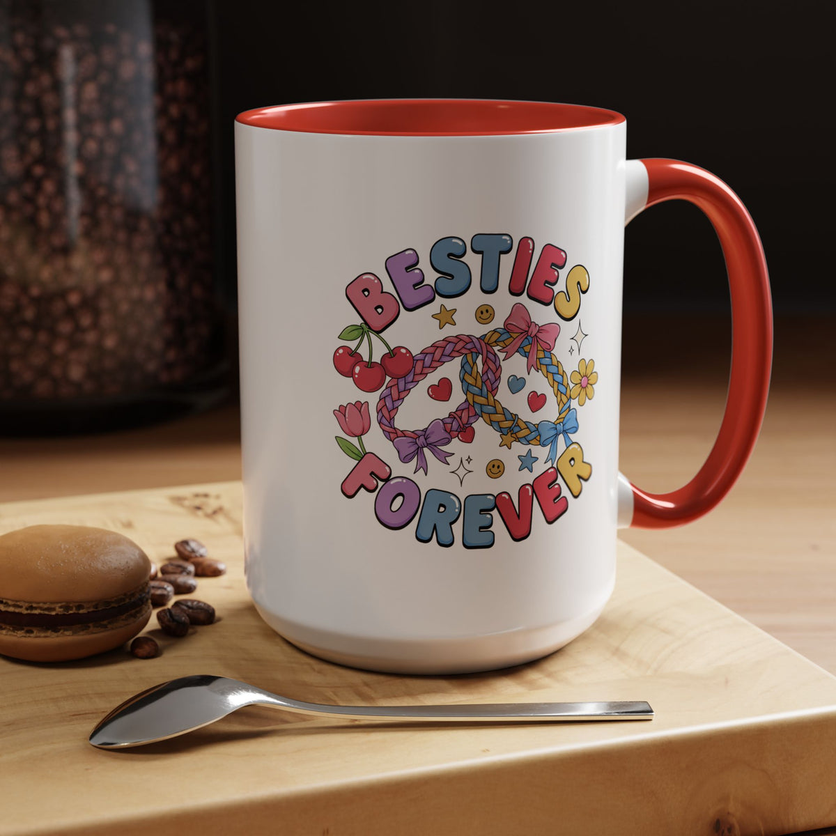 Best Friends Coffee Mug, Besties Forever Friendship Bracelet Design, Colorful Birthday Gift for a Best Friend or Long Distance Coffee Buddy
