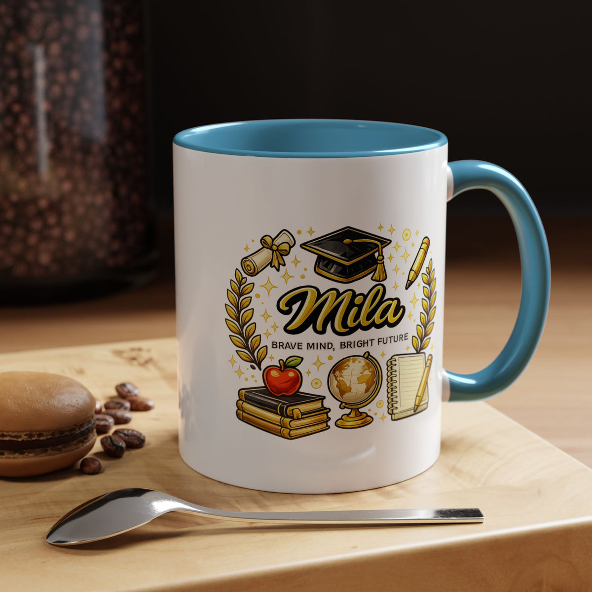 Personalized Graduation Mug for Her, Brave Mind Bright Future Coffee Cup, Custom Name Gift for Daughter, College or High School Graduate