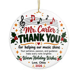 Personalized Music Teacher Christmas Ornament, Thank You Gift from Student, Musical Notes Holiday Keepsake with Teacher Name and Message