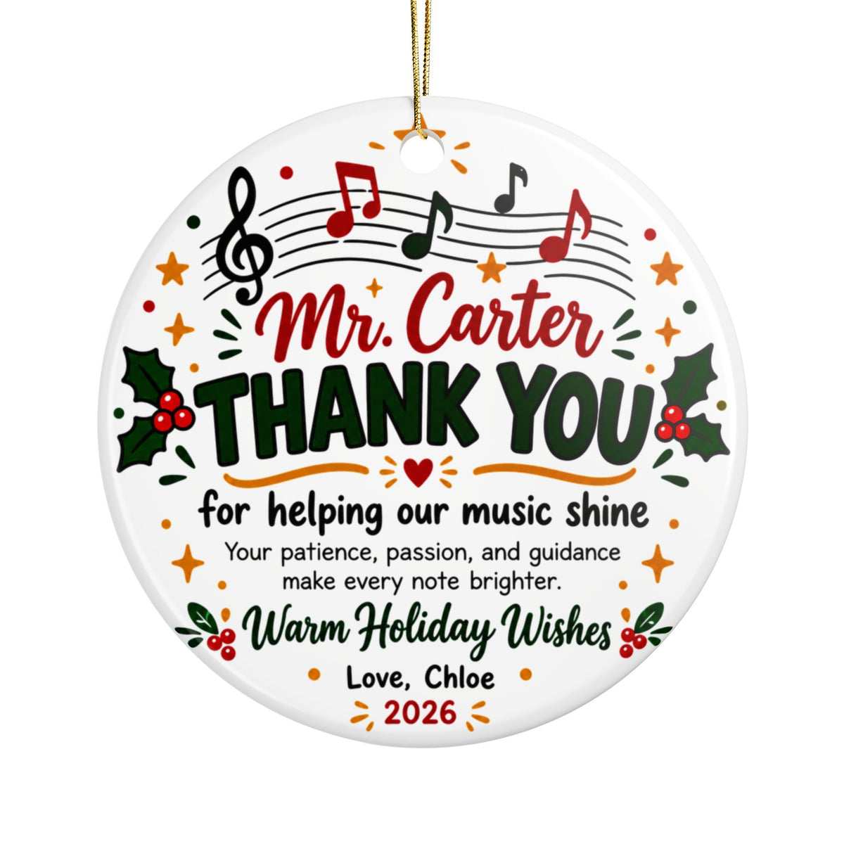 Personalized Music Teacher Christmas Ornament, Thank You Gift from Student, Musical Notes Holiday Keepsake with Teacher Name and Message