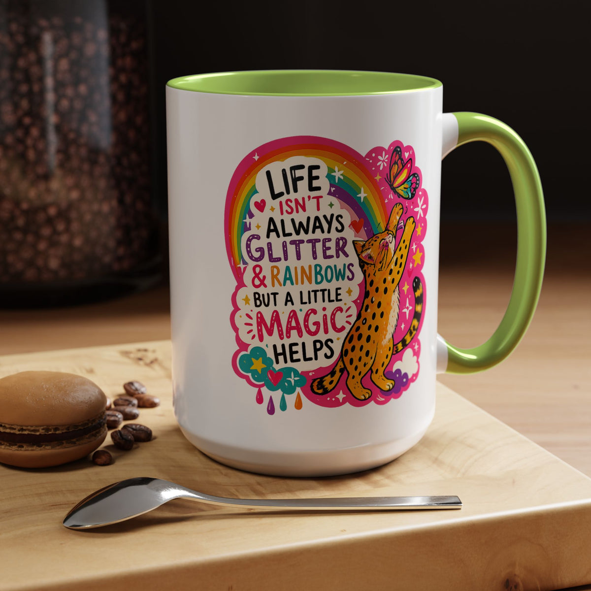 Inspirational Cat Lover Mug, Life Isn't Always Glitter and Rainbows But A Little Magic Helps Coffee Mug, Cute Rainbow Cat Gift