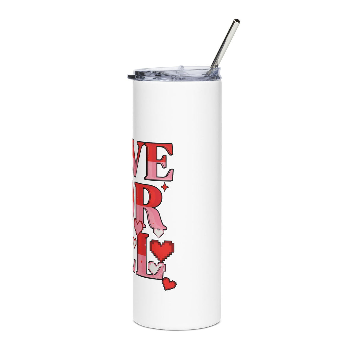 Love for All Skinny Tumbler, Pink Pixel Heart Travel Cup, Romantic Gift for Her, Cute Valentine Drinkware